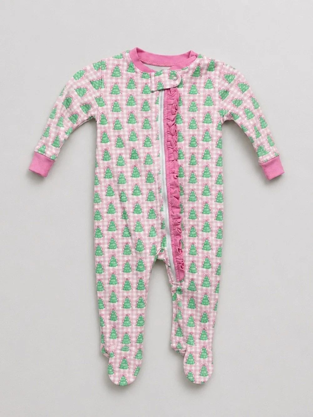 James and Lottie pink gingham Christmas tree one piece zipper footie 9 months